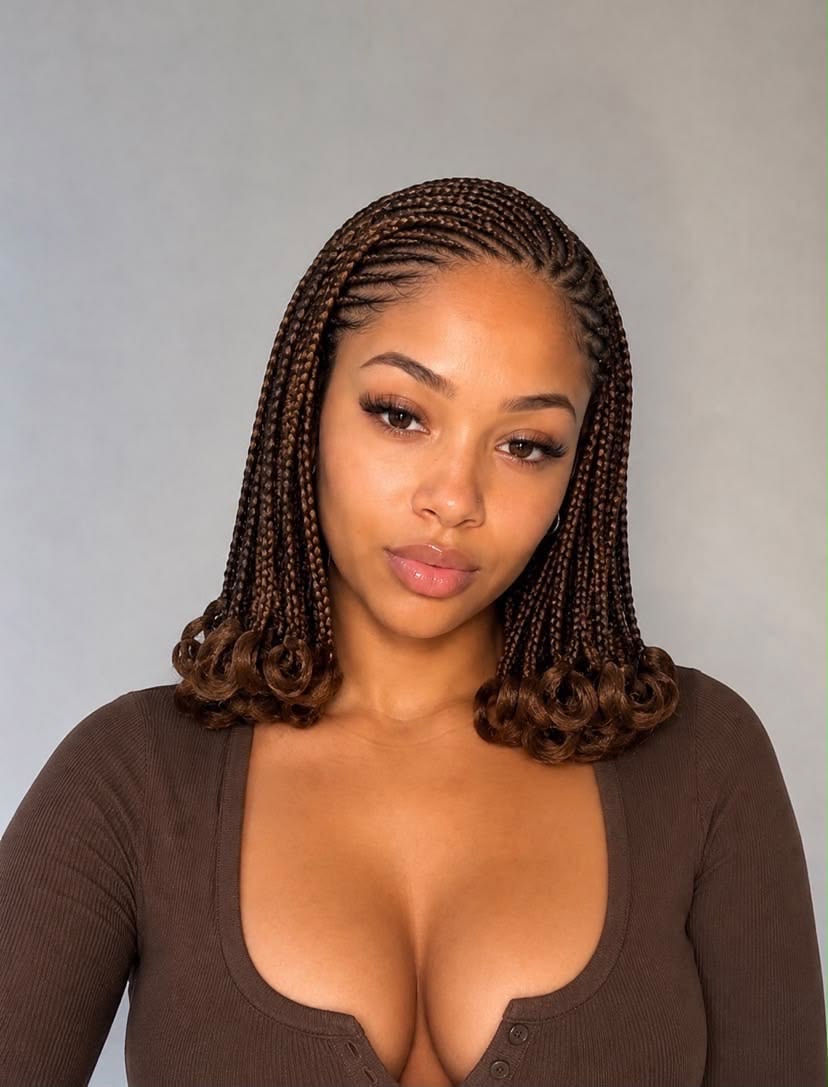 Woman with copper cornrow patterns and curly braid ends