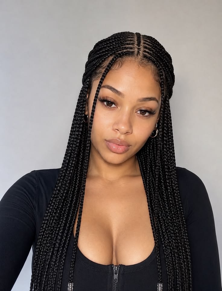 Woman with long black box braids in a half-up style